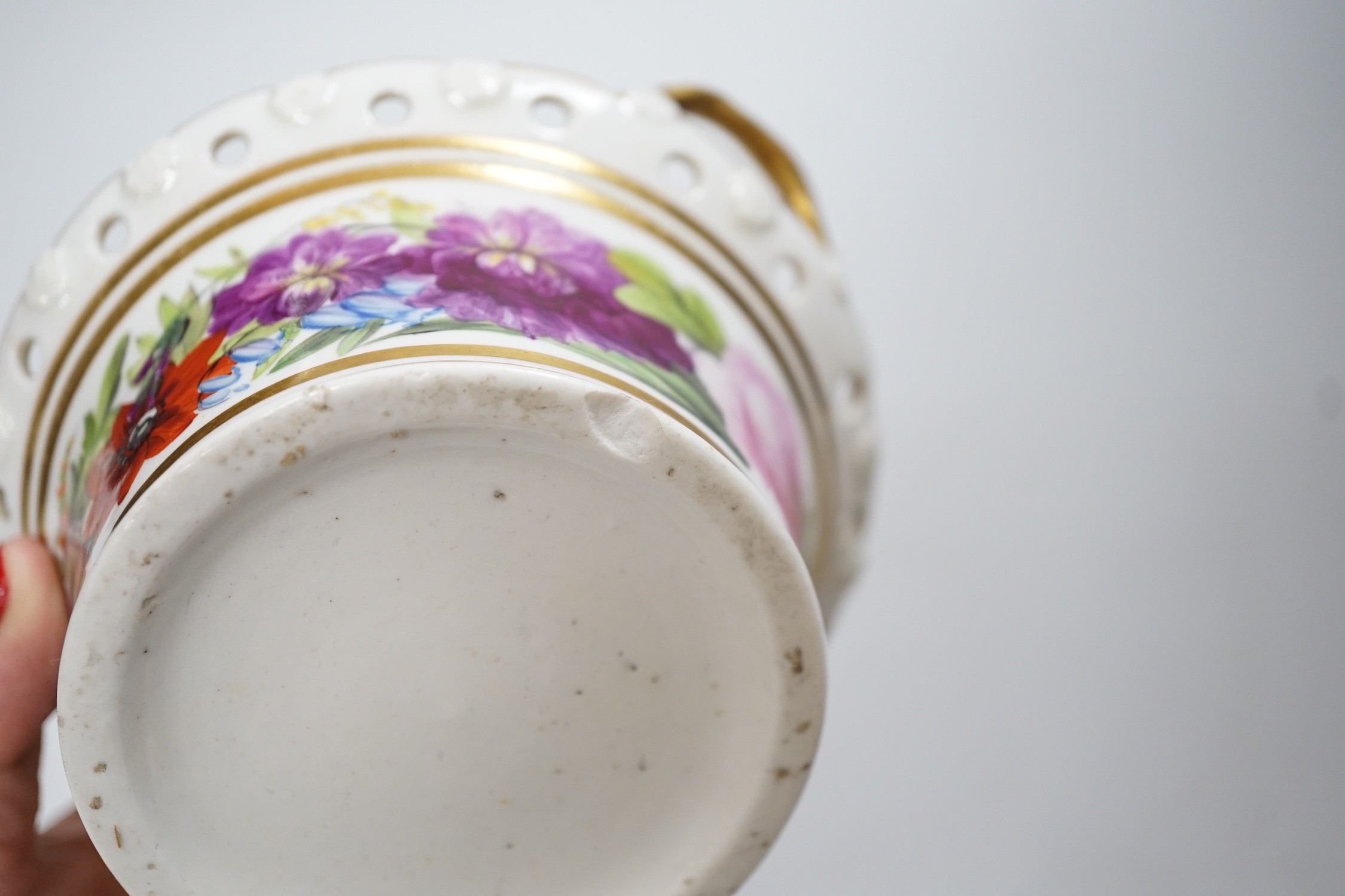 A Coalport pot pourri basket and cover painted with flowers, perhaps in the workshop of Thomas Baxter c.1805-10